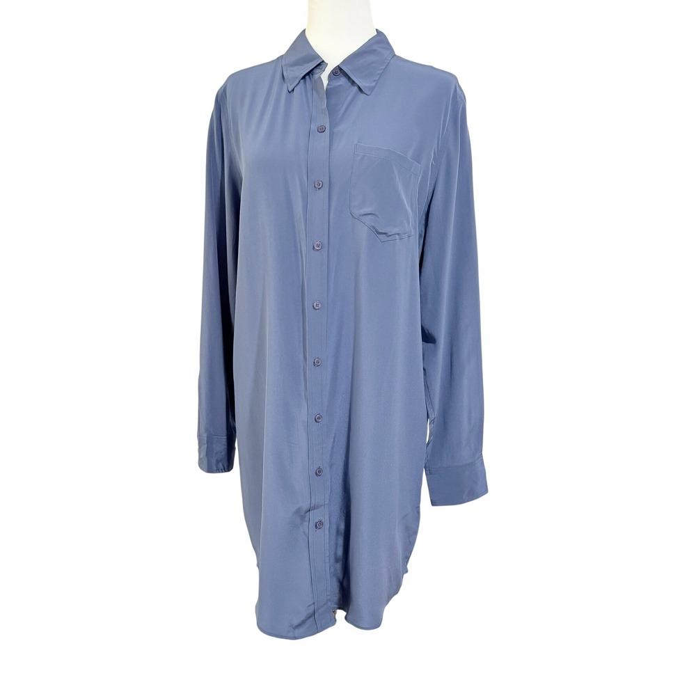Lavender Brown Blue 100% Silk Button Down Long Sleeve Tunic Shirt Dress Womens M